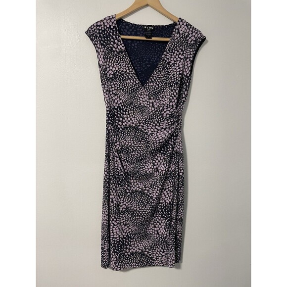 BCBG Paris Women's‎ Wrap V-Neck Dress Ruching Knee-Length Navy Lavender Floral M - Picture 1 of 9